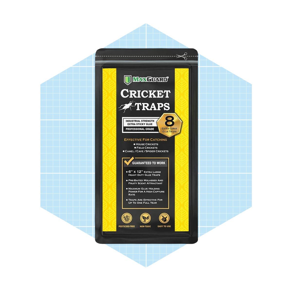A pack of cricket traps displays its features and usage instructions. The background is a light blue hexagonal pattern.