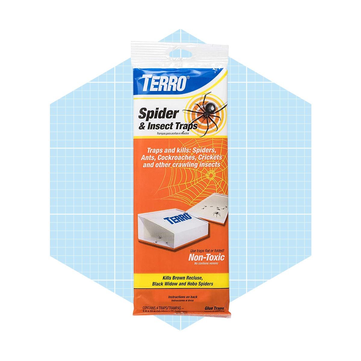 A package of Terro spider and insect traps displays text about trapping various crawling insects, set against a light blue geometric background.