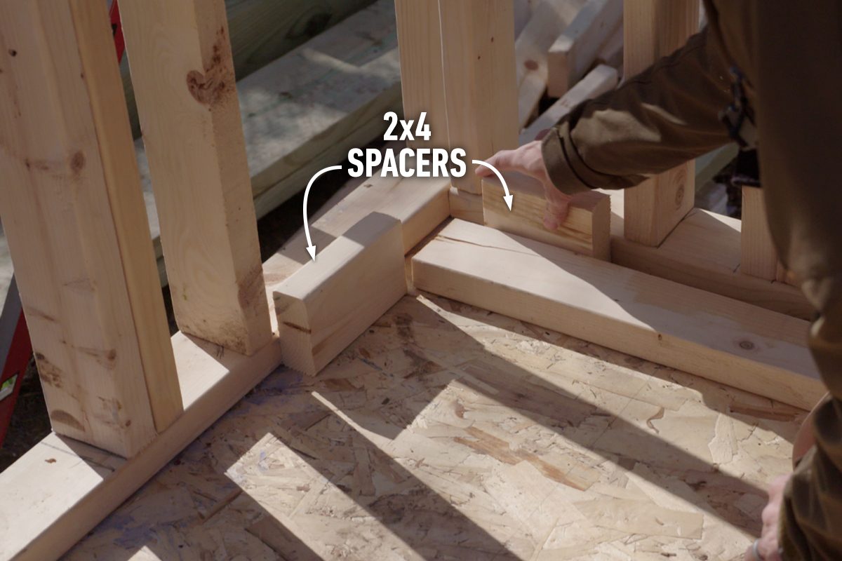 A person positions wooden spacers between framing elements on a plywood surface outdoors, ensuring proper spacing for construction. Sunlight casts shadows on the scene.