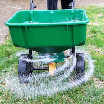 A green spreader releases liquid in a circular pattern onto grass while being pushed forward, with a gravel pathway visible in the background.