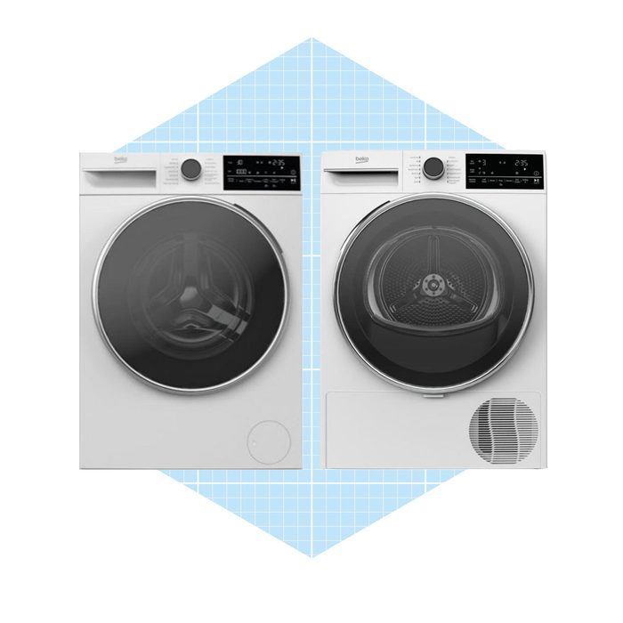 Two white appliances, a washer on the left and a dryer on the right, face forward against a light blue grid background.